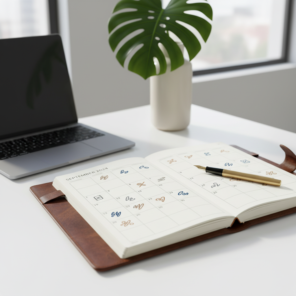 A luxurious, leather-bound planner opened to a neatly organized calendar page labeled with subtle, non-readable marks, symbolizing subscription plans and milestones. The planner rests on a minimalist white desk with a brushed brass pen placed diagonally across the page. In the background, softly blurred, stands a modern laptop and a sleek ceramic vase with a single tropical leaf, evoking a Southeast Asian setting without clichés. Diffused natural daylight from a large unseen window bathes the scene, creating soft reflections on the leather and pen. Captured from a slightly elevated angle in photographic realism, the composition follows the rule of thirds, conveying structure, clarity, and professional sophistication.