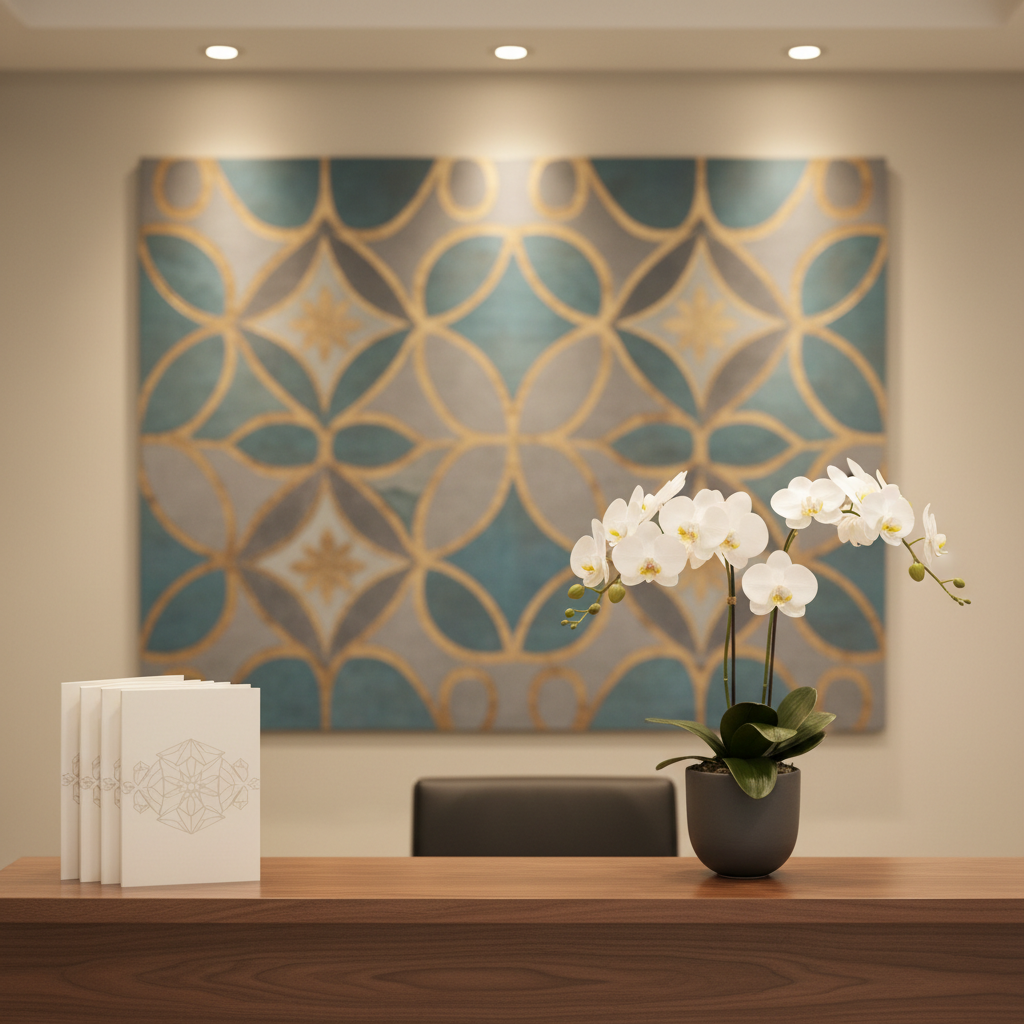A refined welcome desk in a contemporary matrimonial agency office, with a smooth walnut countertop and a small arrangement of white orchids in a matte charcoal vase. On the counter lies a neatly stacked set of cream-colored brochures with subtle, abstract patterns representing connection and partnership, no readable text. Behind, a softly blurred wall displays a geometric art piece inspired by Southeast Asian motifs in muted teal and gold. Warm, recessed ceiling lights cast a gentle, even glow, creating a welcoming yet upscale atmosphere. Shot straight-on at eye level with moderate depth of field, the composition emphasizes order, discretion, and trust in clean, photographic realism.