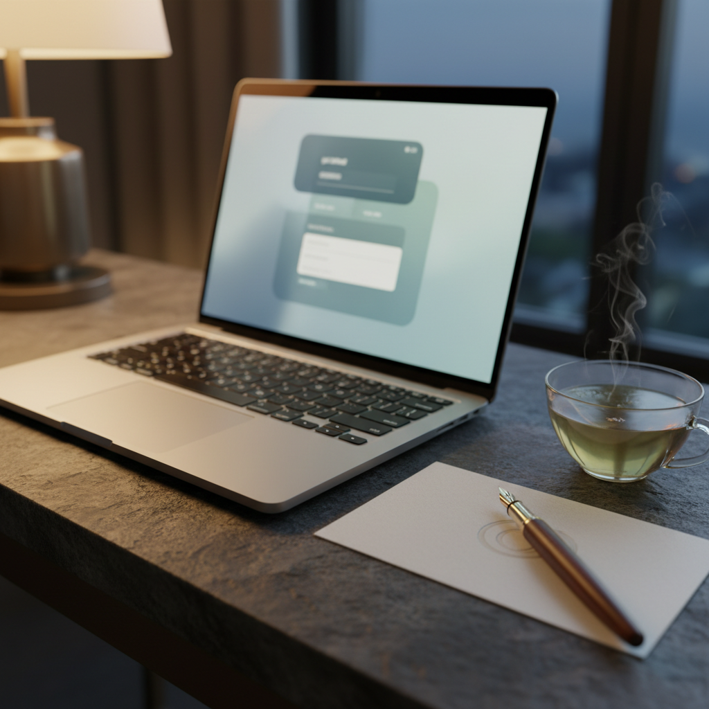 A sleek, open laptop on a dark stone tabletop displaying a blurred, non-readable interface with soft shapes suggesting a “get started” form. Next to it, a finely crafted fountain pen rests on a thick, off-white card embossed with a subtle abstract emblem suggesting partnership, without any letters. A delicate porcelain teacup with pale jasmine tea sits nearby, faint steam rising. Warm ambient light from a nearby lamp combines with cool twilight from a window, creating a balanced, sophisticated mood. Photographed from a three-quarter angle with shallow depth of field, the laptop keyboard and card are in focus, background fading into softness, evoking calm, confident action in realistic, modern style.
